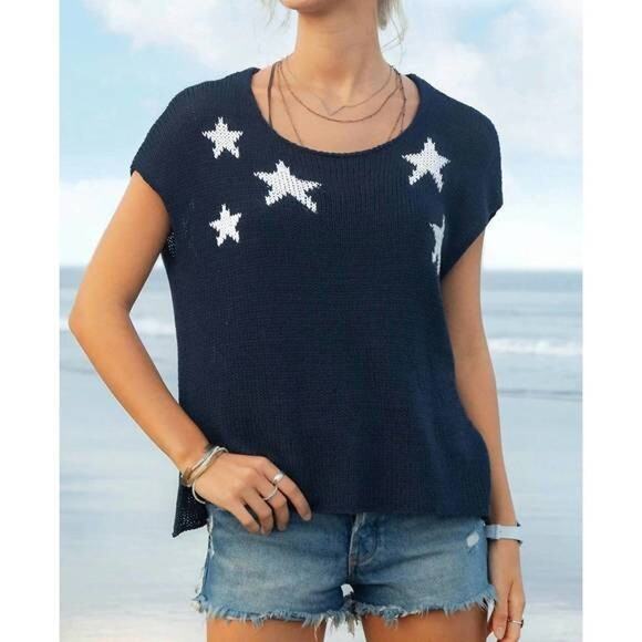 NWT WOODEN SHIPS Star Cotton Tee Sweater Knit Blue Darkest Indigo White M L - Picture 3 of 10